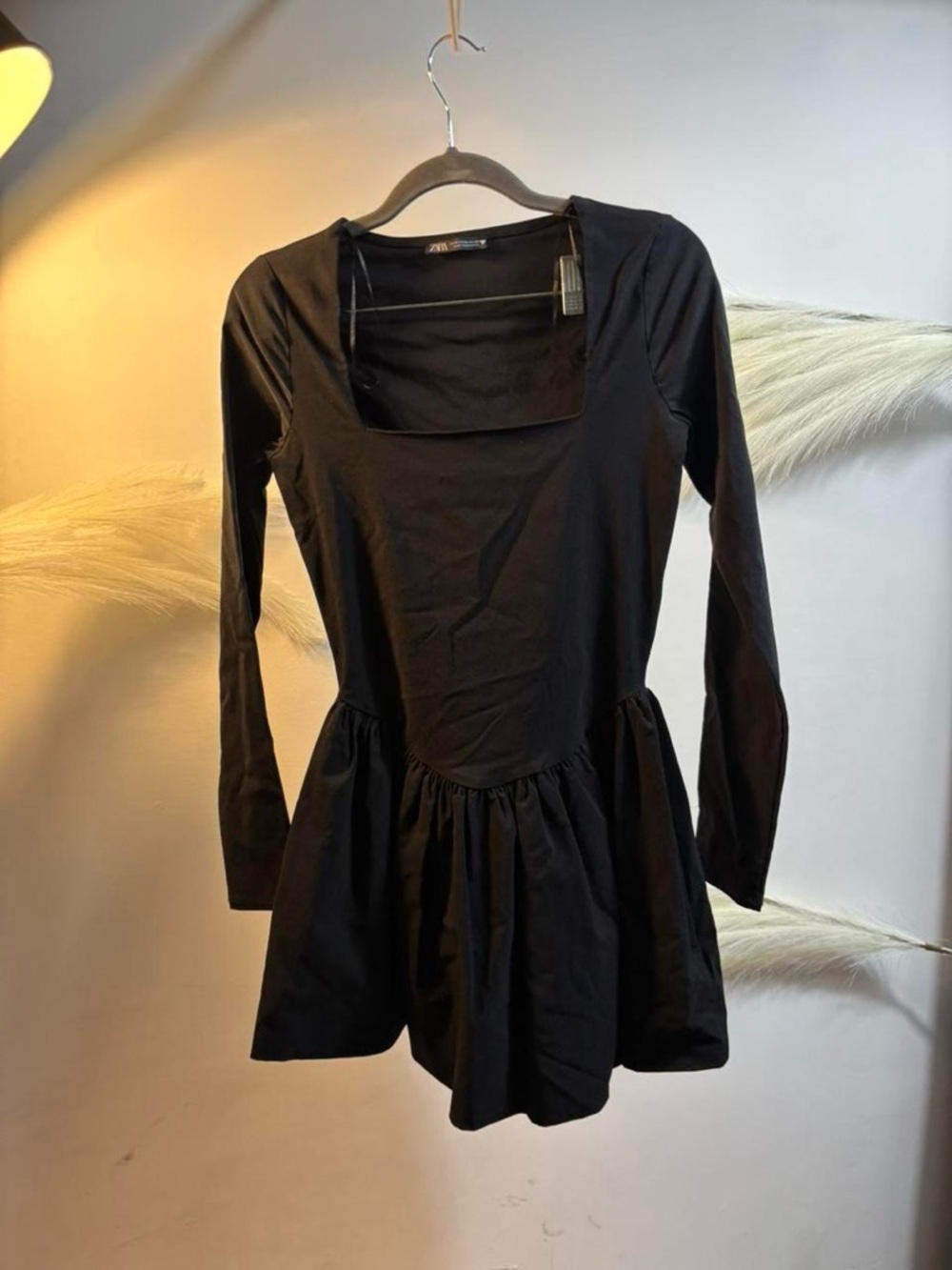 (#125) Black Long Sleeve Square Neck Peplum Dress